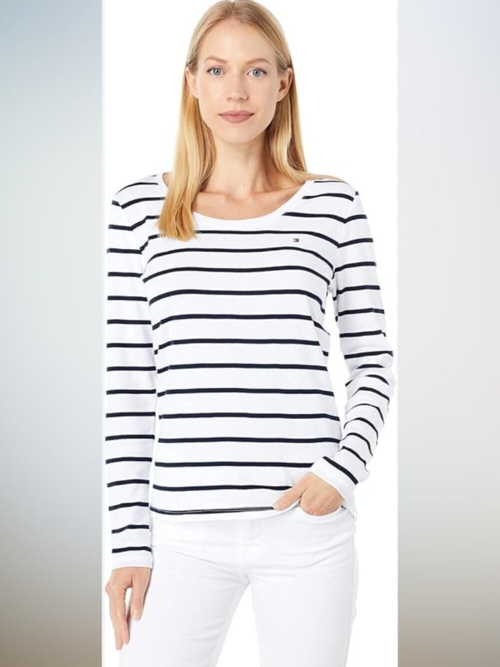 Tommy Hilfiger Women's Long Sleeve Scoop Neck Top, White Black Stripes SP